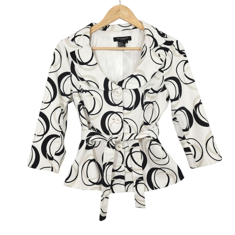 Sandro Sportswear Geometric Tie Belt Blazer Jacket in Black/White Size Small